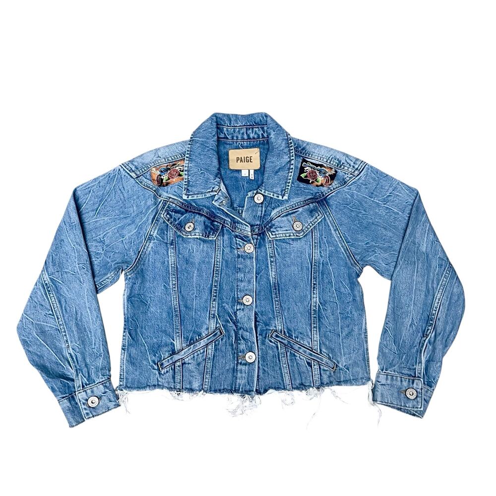 Paige Cropped Embroidered Denim Jacket Size S Light Wash Raw Hem Western Casual